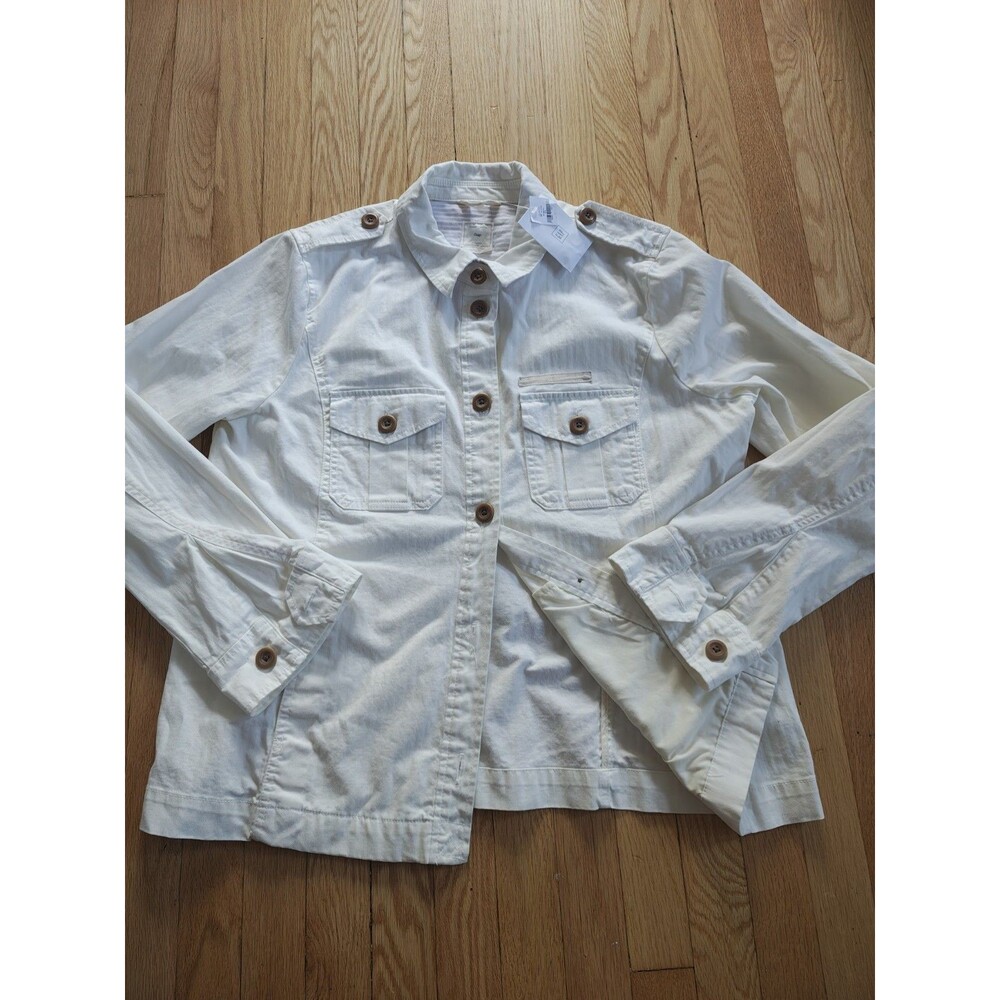 Gap Women's White Button Front Jacket XL Collared Utility Pockets Cotton